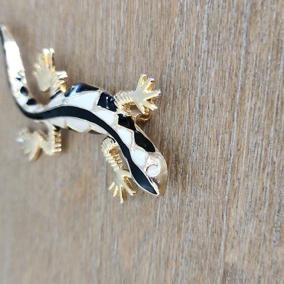 Vintage 80s Salamander Gecko Lizard Brooch Black White Gold 4" Retro - Picture 4 of 5